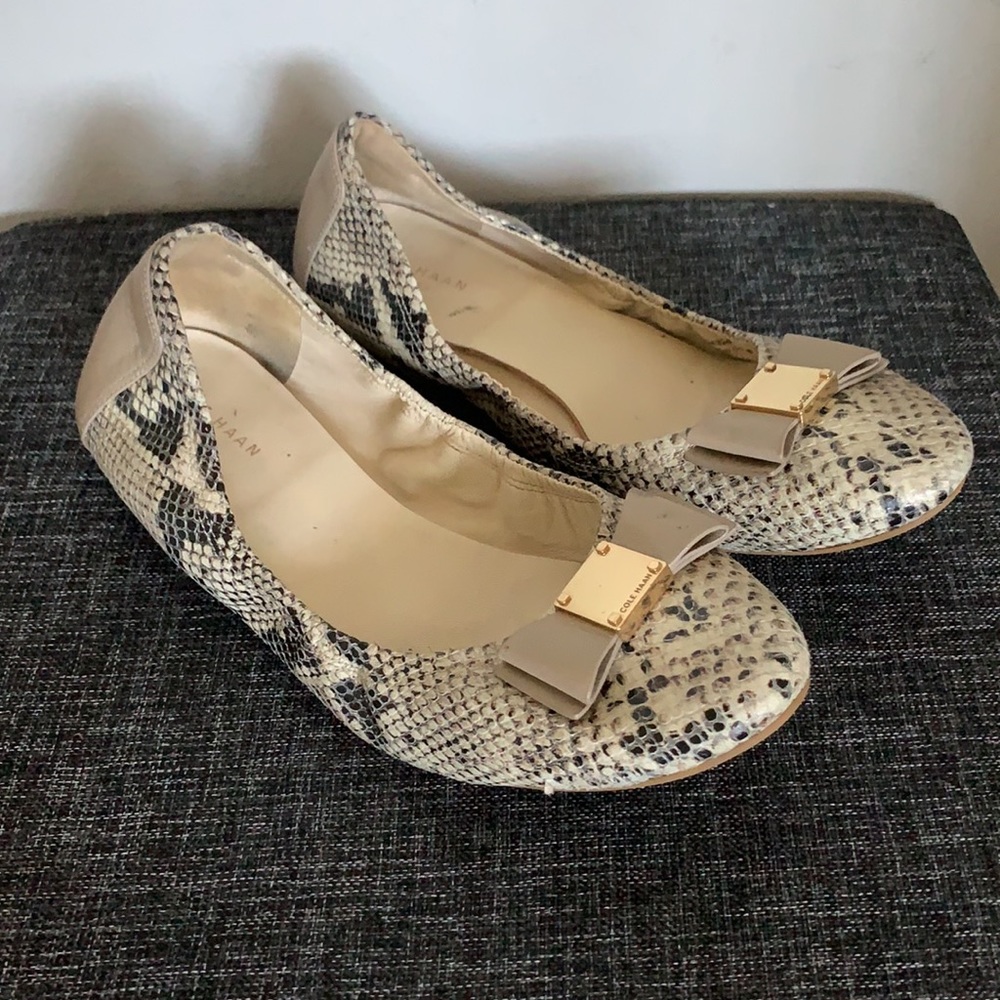 Cole Haan Leather Taupe Snake Bow Ballet Flats